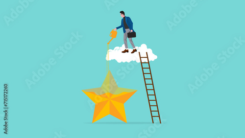 ambition or motivation to succeed or to excel, aspiration and effort to improve, develop and best performance, ambitious businessman filled success gold star price metaphor
