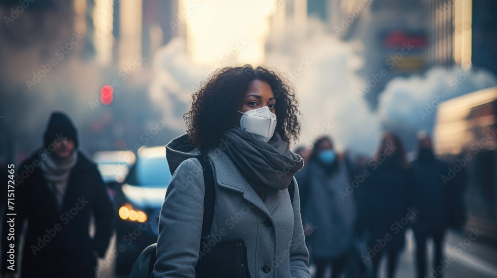 Obraz premium A person wearing a face mask, navigating through a thick cloud of pollution in a congested urban center.