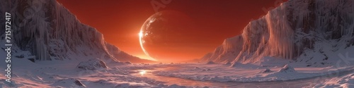 Panoramic Alien World with Red Crescent Moon