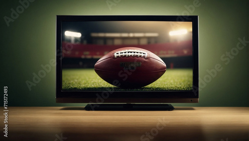 American football or a rugby ball on a TV screen. Minimal abstract sport and competition concept. With copy space.