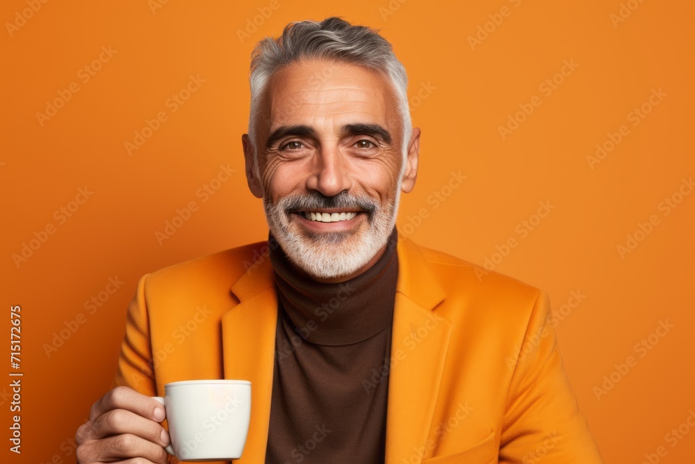 Portrait of smiling senior man with cup of coffee on orange background Portrait of smiling senior man with cup of coffee on orange background