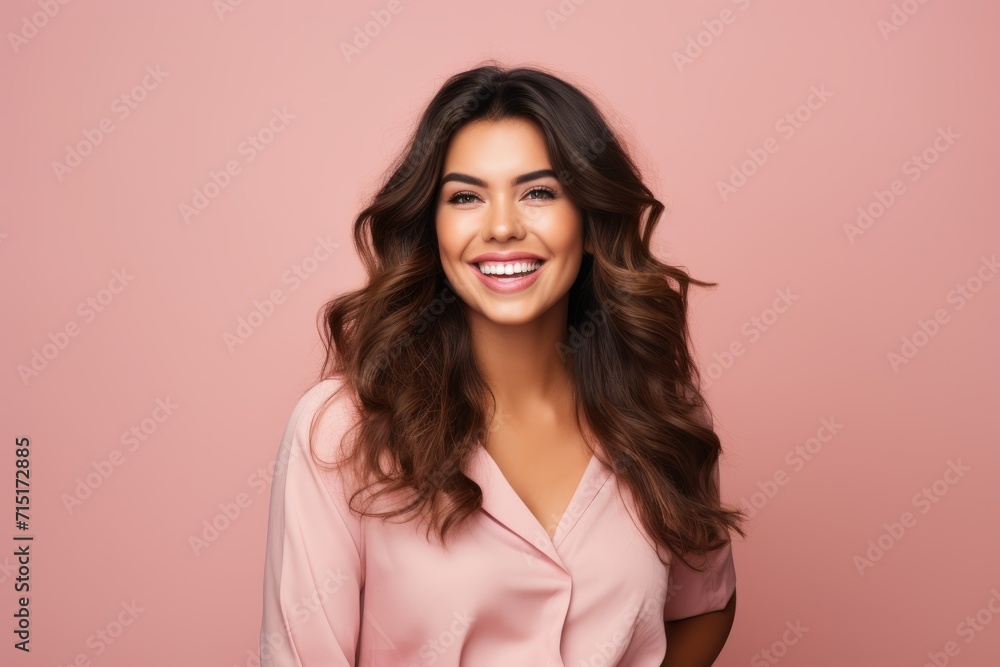 Portrait of happy smiling young beautiful woman in pink dress, over pink background Portrait of happy smiling young beautiful woman in pink dress, over pink background