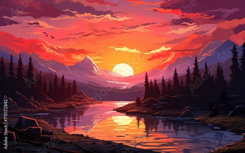 Sunsets of Never Series vector illustration. Very beautiful virtual paint landscape