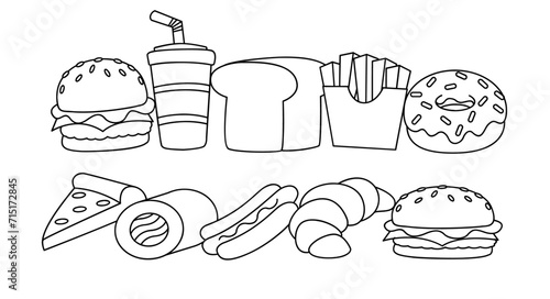 Fast Food line drawing cute icon illustration template