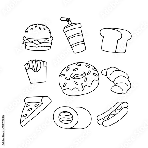Fast Food line drawing cute icon illustration template