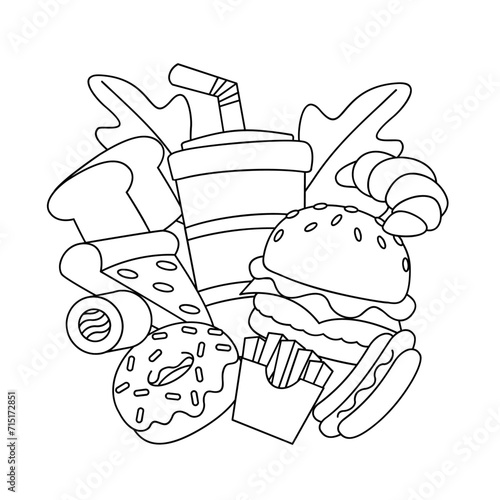 Fast Food line drawing cute icon illustration template