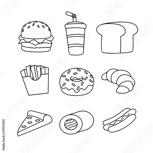 Fast Food line drawing cute icon illustration template