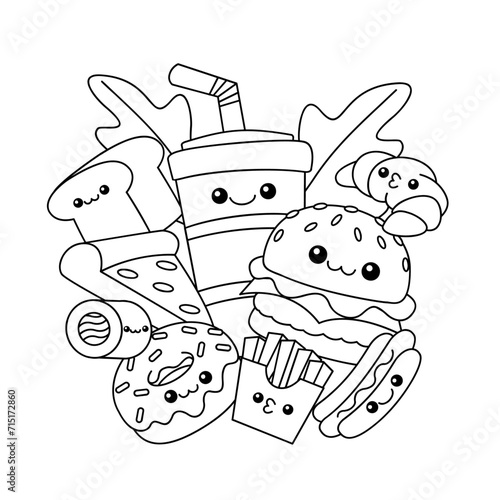 Fast Food line drawing cute icon illustration template