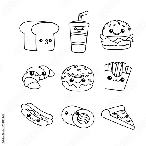 Fast Food line drawing cute icon illustration template