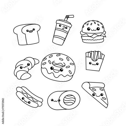 Fast Food line drawing cute icon illustration template