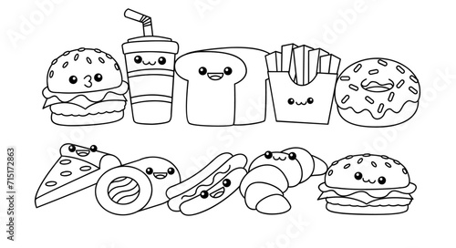 Fast Food line drawing cute icon illustration template