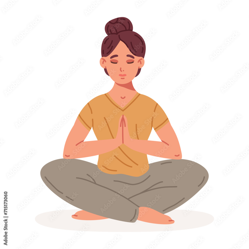 Woman sitting in yoga lotus pose. Meditation female character, stress relief and meditation flat vector illustration. Tranquil human meditation