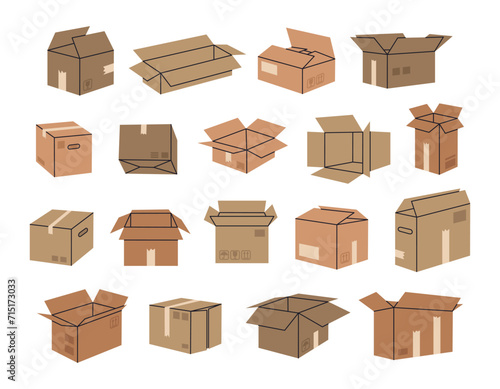 Cardboard boxes. Hand drawn delivery boxes, open and closed shipping package, carton boxes flat doodle vector illustration set. Parcel boxes collection