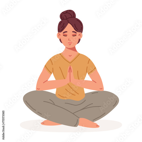 Woman sitting in yoga lotus pose. Meditation female character, stress relief and meditation flat vector illustration. Tranquil human meditation