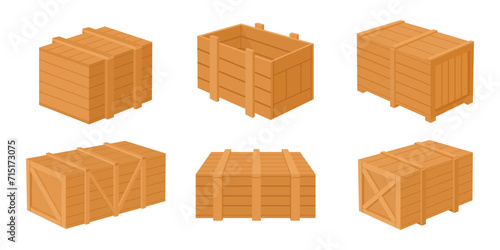 Wooden boxes. Cargo shipping wooden boxes, delivery packages flat vector illustration set. Delivery package collection