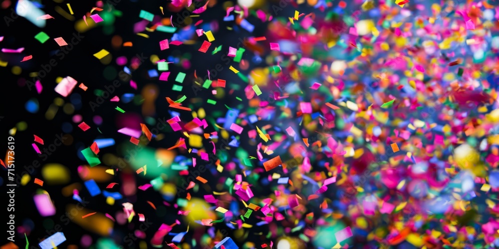 chaotic burst of confetti-like particles in various bright colors, evoking a sense of celebration