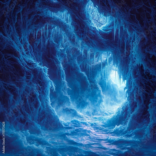 Icy Cave Passage with Blue Crystal Formations
