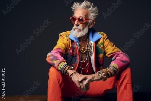 Handsome senior hipster man in colorful clothes and sunglasses.