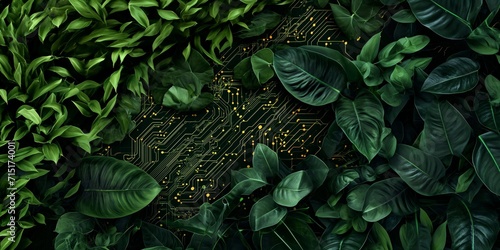 blend of nature and technology, with circuit-like patterns merging with lush green foliage photo