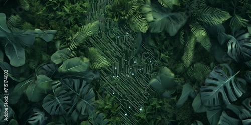 blend of nature and technology, with circuit-like patterns merging with lush green foliage