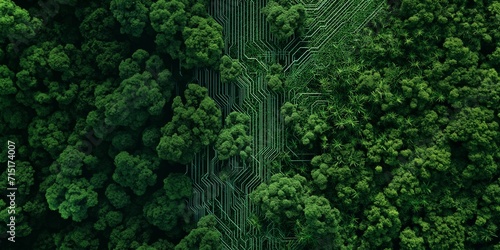blend of nature and technology, with circuit-like patterns merging with lush green foliage