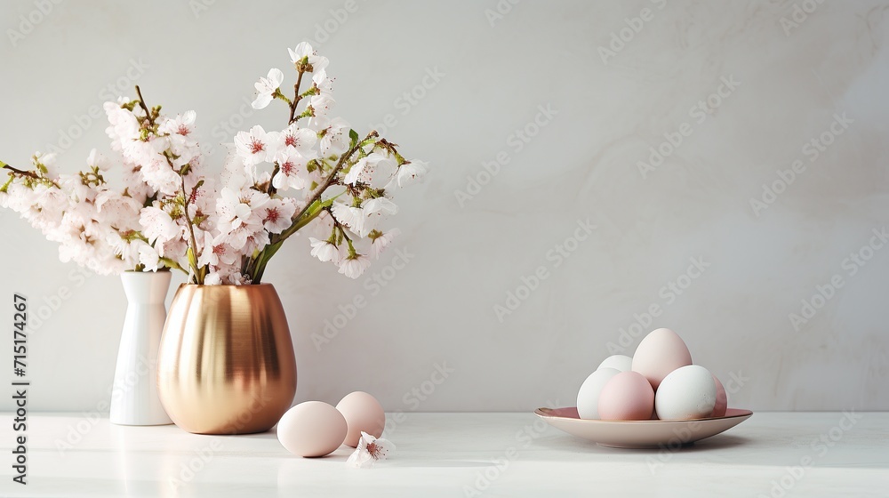 Coastal style blank empty space kitchen countertop with Easter and spring decors, Happy Easter concept