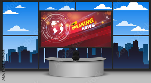 white table and breaking news on lcd background in the news studio room	