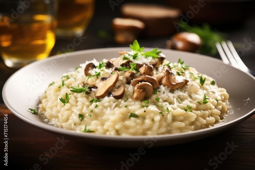 An appetizing shot that showcases a comforting bowl of creamy mushroom risotto, infused with the earthy flavors of fresh herbs, Parmesan cheese, and a drizzle of truffle oil, perfect for