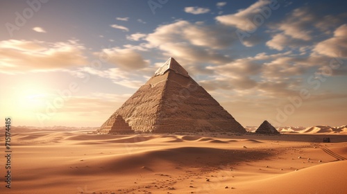 An ancient pyramid in a vast desert  surrounded by sand dunes