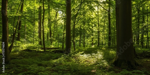 forest with lush green trees and dappled sunlight filtering through the leaves