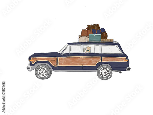 Fotografie Station wagon with luggage on the roof and a dog in the backseat, digital waterc