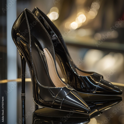 A pair of sleek and reflective black high heels with a glossy finish © Pillow Productions