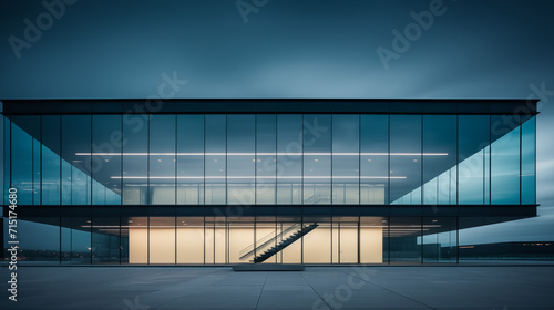 Photo of a modern office building with a sleek and minimalist design 