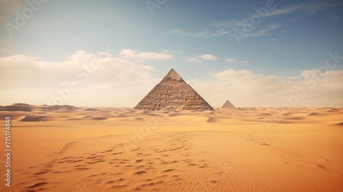 An ancient pyramid in a vast desert  surrounded by sand dunes