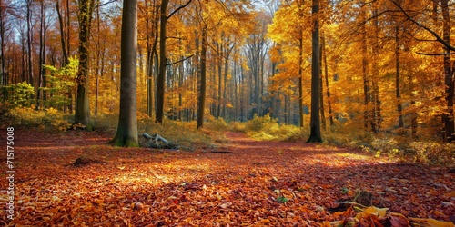 tranquil and peaceful forest with tall trees and a carpet of colorful autumn leaves on the ground