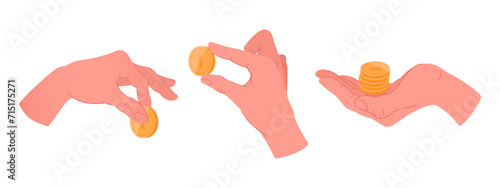Hands holding gold coins. Cash money in hands, human hand palm with money change flat vector illustration set. Cartoon hands hold coins