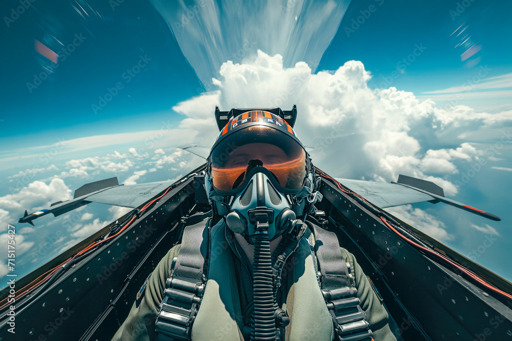 Portrait of a fighter pilot in an aircraft cockpit in the sky during aviator military mission Portrait of a fighter pilot in an aircraft cockpit in the sky during aviator military mission