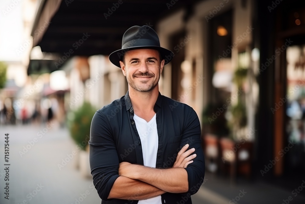 Portrait of a handsome man in hat standing with arms crossed outdoors Portrait of a handsome man in hat standing with arms crossed outdoors