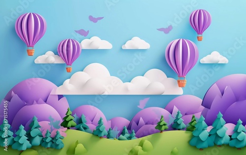 summer paper cut vector illustration of green nature landscape, hot air balloons and clouds on blue sky background with purple color cylindrical podium