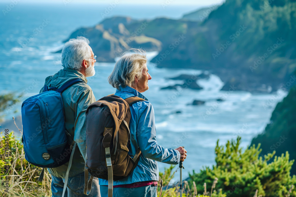 Senior couple admiring the scenic Pacific coast while hiking, filled with wonder at the beauty of nature during their active retirement. Concept of well being and leisure