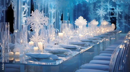 A winter wonderland dinner setup with ice sculptures and snowflakes. photo