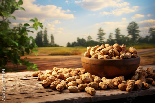 Generative AI Image of Shell Peanuts in a Wooden Bowl with Nature Landscape photo