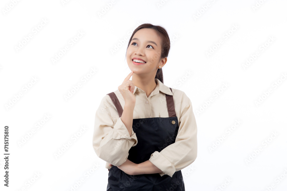 Portrait of young asian barista woman wearing apron thinking idea for planning isolated white background, waitress or entrepreneur thoughtful and consider, small business or startup, waiter of cafe. Portrait of young asian barista woman wearing apron thinking idea for planning isolated white background, waitress or entrepreneur thoughtful and consider, small business or startup, waiter of cafe.