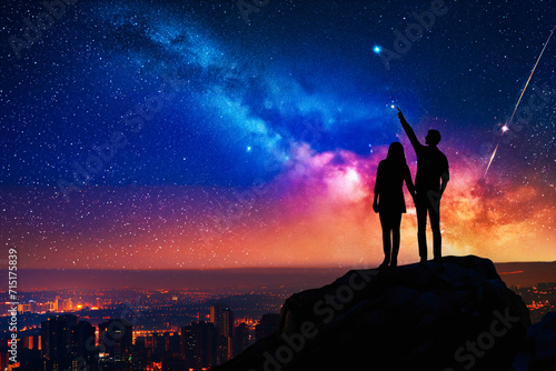 Vászonkép Silhouette of a couple on a hilltop pointing at a shooting star enjoying a roman