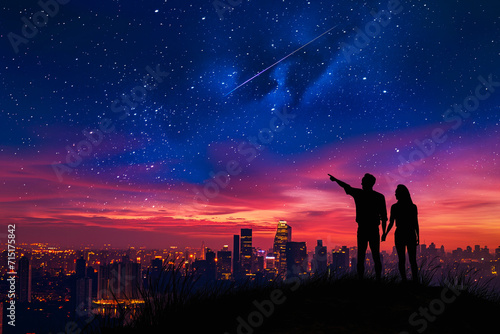 Leinwand Poster Silhouette of a couple on a hilltop pointing at a shooting star enjoying a roman