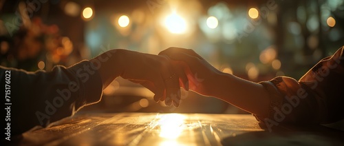 loving lovers holding fingers on the table under the romantic lighting. generative AI