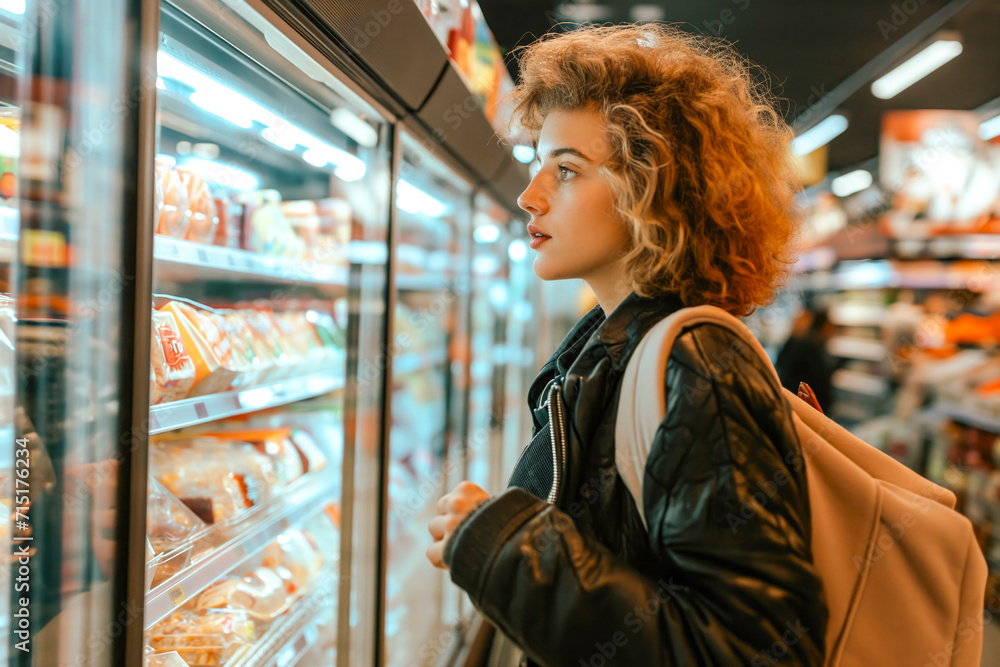 Young woman shopping in the frozen food aisle at a grocery store Young woman shopping in the frozen food aisle at a grocery store