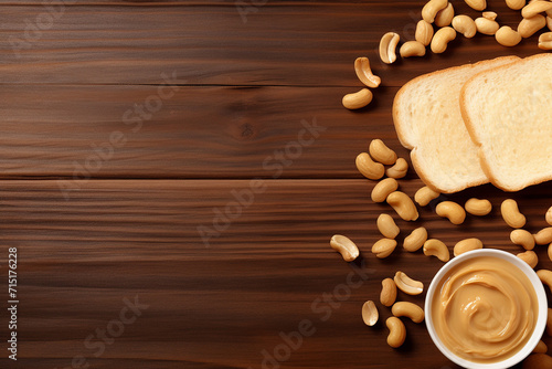 Generative AI Image of Peanut Butter Bread with Blank Space on Wooden Background