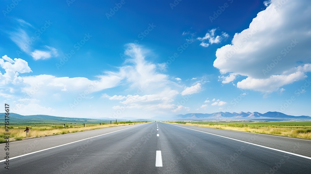 asphalt road with white lines, sunny view, blue sky with clouds above, asphalt road with white lines, sunny view, blue sky with clouds above,