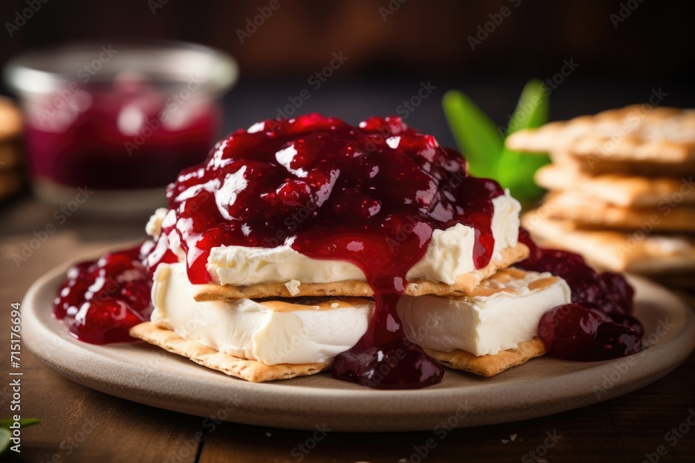 A wellcomposed shot captures the delicate balance of textures as cranberry sauce perfectly complements a creamy, crumbly Brie cheese over a crisp, artisanal cracker.